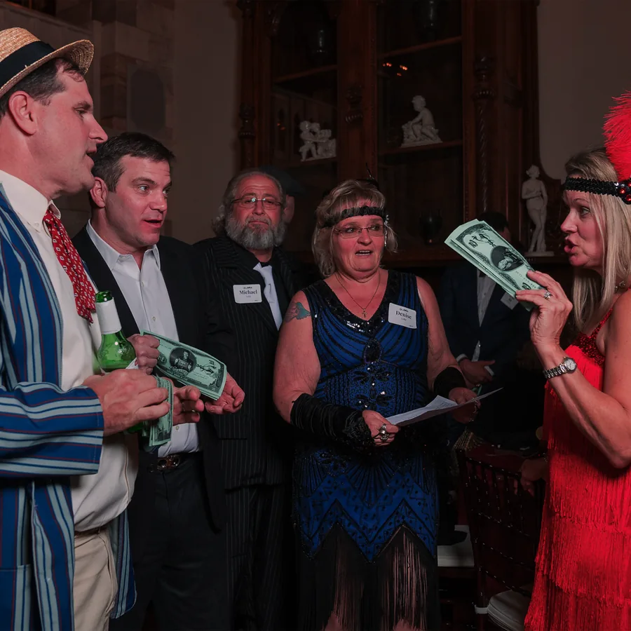 Guests at a Murder Mystery Company public dinner show in New Jersey